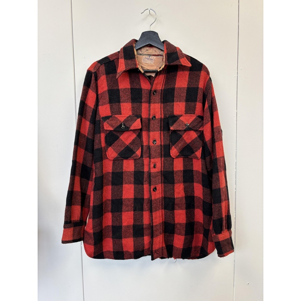 Vintage Pilgrim Jacket Mens Large Red Black Wool Buffalo Plaid Shirt 50s